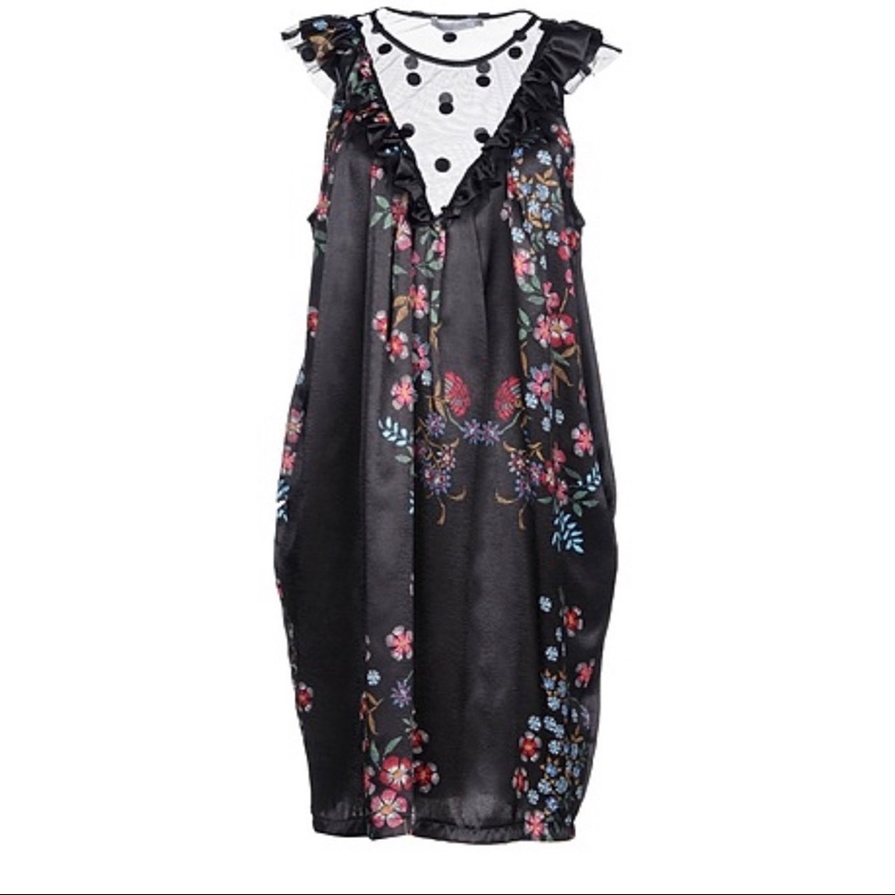 Floral Black Midi Dress with Polka Dot Yoke